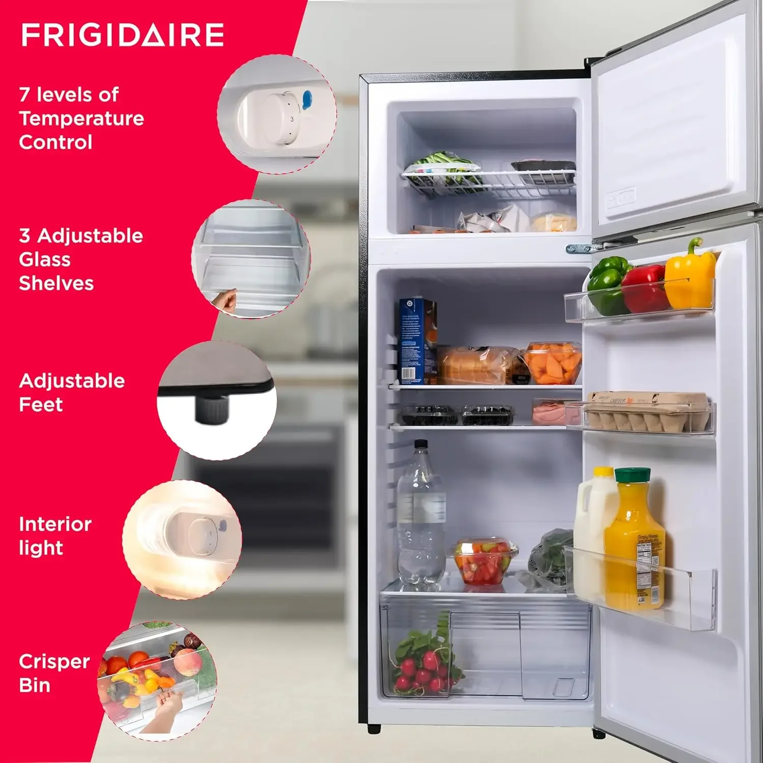 EFR77O6COM, 2 Apartment Size Refrigerator with Freezer, 7.5 cu ft, Adjustable Spill-Proof Shelves, Door & Crisper Bins, Platinum