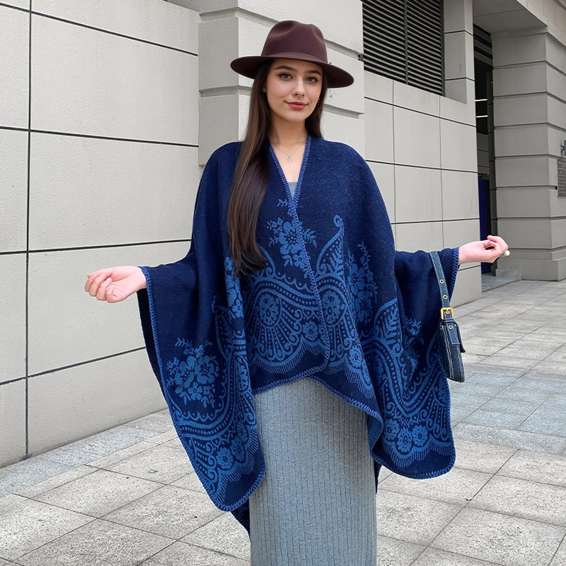 Thickened Women's Shawl Retro Court Style Walnut Flower Warm Large Cloak Cocooning Spring Autumn Winter Fashion poncho P1