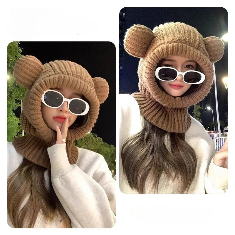 Cute bear ears wool hat women's autumn and winter versatile warm Lei Feng hat pullover scarf integrated knitted hat