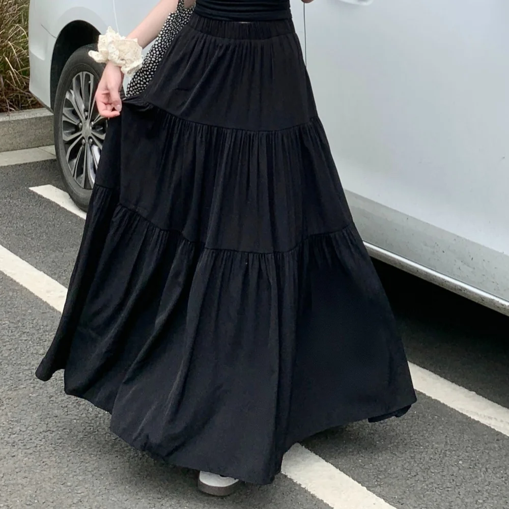 French Style Women Sweet A-line Long Skirt Spring Summer New Princess Cake Skirt Loose High Waist Pure Color Half Skirts