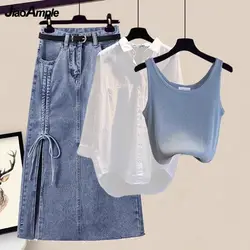 Conjunto de correspondência de vestido de verão feminino, camisa coreana elegante branca protetor solar, colete de malha, sexy split denim skirt suit, roupa feminina, nova