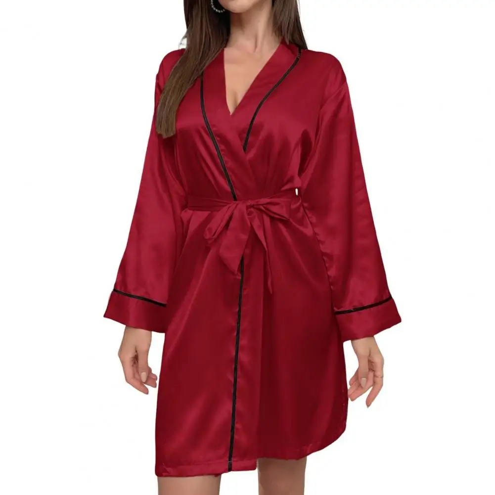 

Smooth Fabric Bathrobe Elegant Satin V Neck Nightgown with Adjustable Waist Tie for Women Imitation Silk Sleepwear for Parties