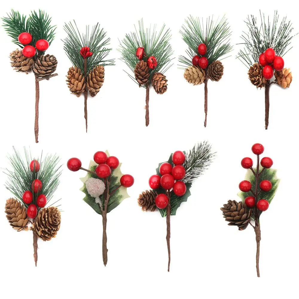 1 Bundle Artificial Flower Red Berry Christmas Berry And Pine Cone With Holly Branches Christmas Decoration Floral Decor Crafts