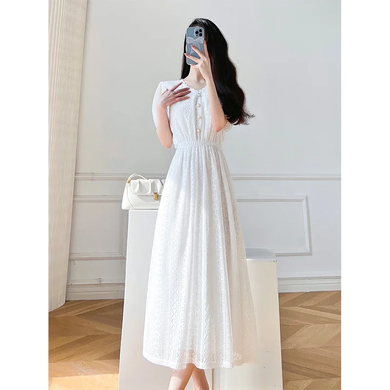 Korean Style Summer Women's Casual Lace Dress O Neck Short Sleeve White Black Long Dress Chic and Elegant Evening Party Dresses