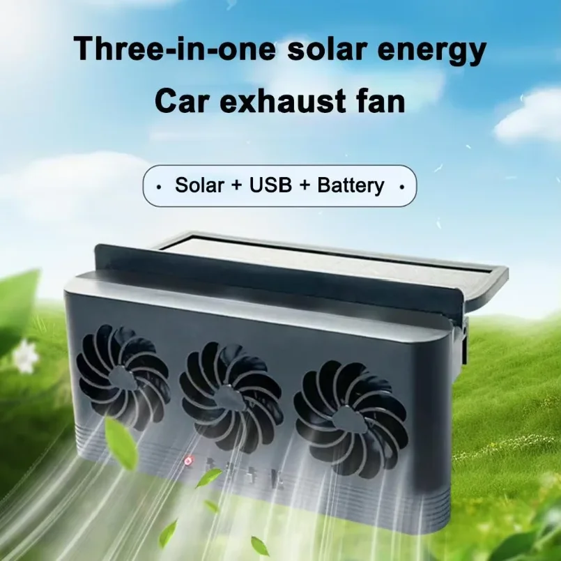 Solar Powered Car Radiator Cooling Fan With 3 Air Outlets Car Window Air Vent Fan USB Powered Auto Ventilation Fan For All Cars view 2