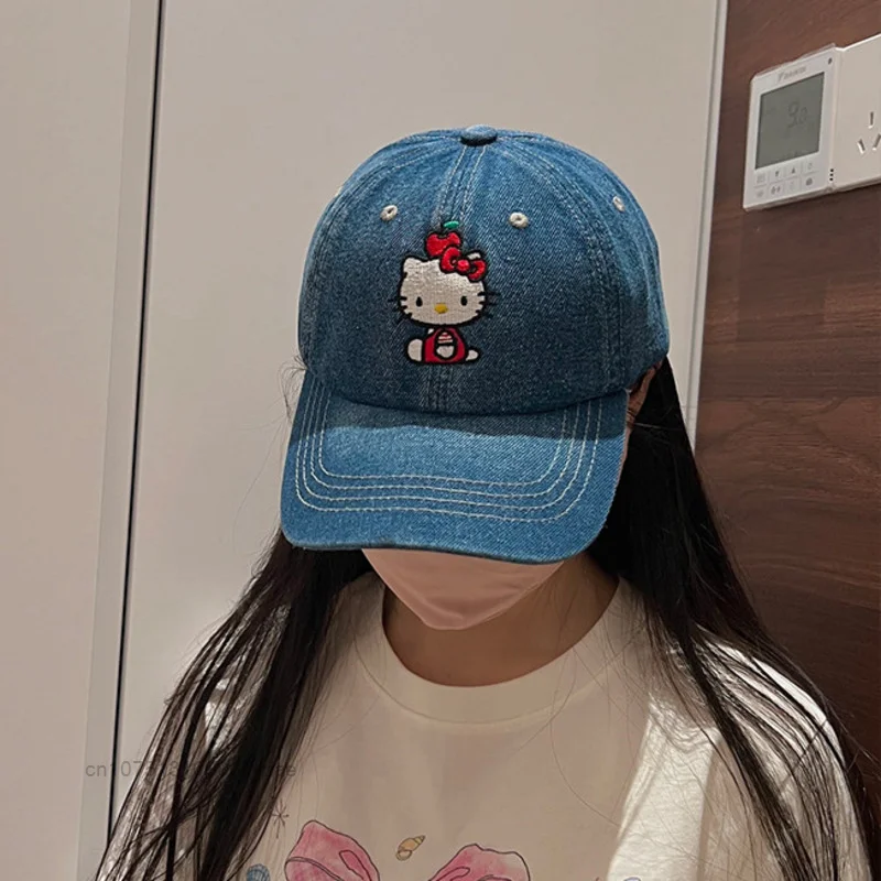 Sanrio Embroidery Hello Kitty Vintage Denim Baseball Hats For Men And Women, Y2k Curved Brim Duckbill Cap, Headwear Accessories