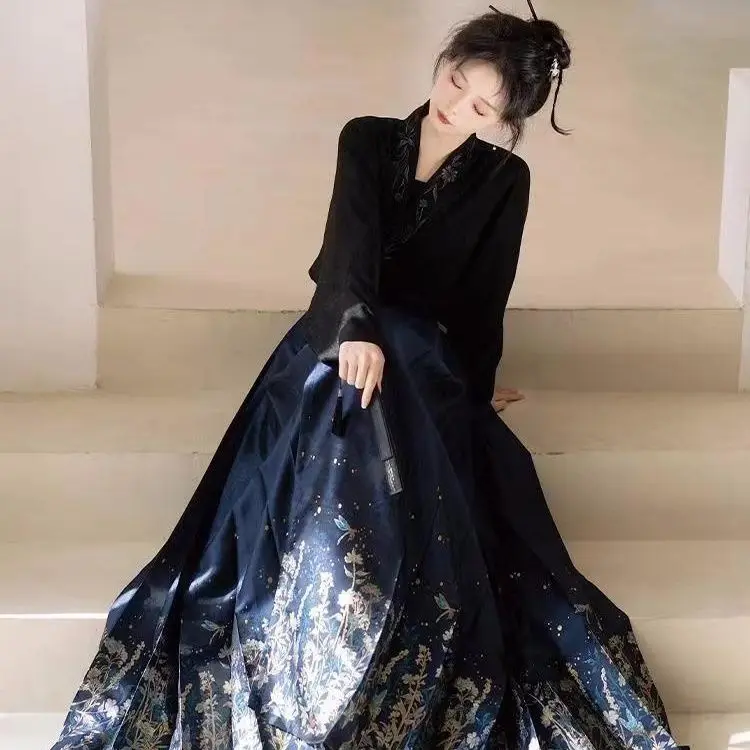 Womens Traf Skirts Vintage Prints Dresses Black Blue Chinese Traditional Ming Style Hanfu Vest Skirt Female Commuting Mamianqun