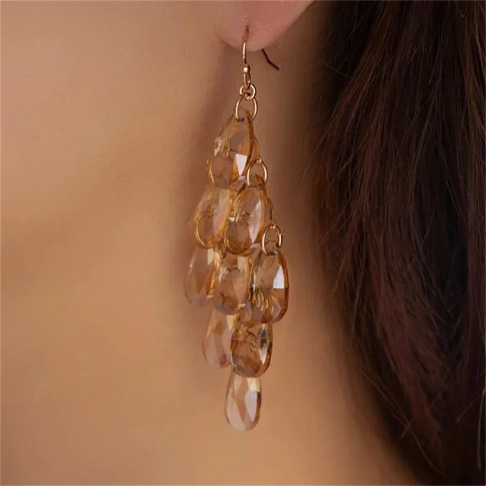 Fashion Colored Crystal Droplet Tassel Pendant Earrings For Women Female Vintage Boho Geometry Sandy Beach Jewelry Party Gift