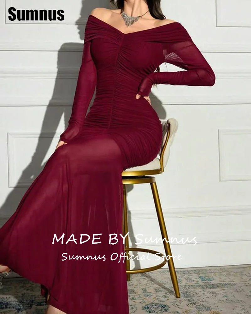 Sumnus Elegant Mermaid Party Dresses Burgundy Long Sleeves Floor-Length Off Shoulder Formal Gowns فساتين سهرة Customized