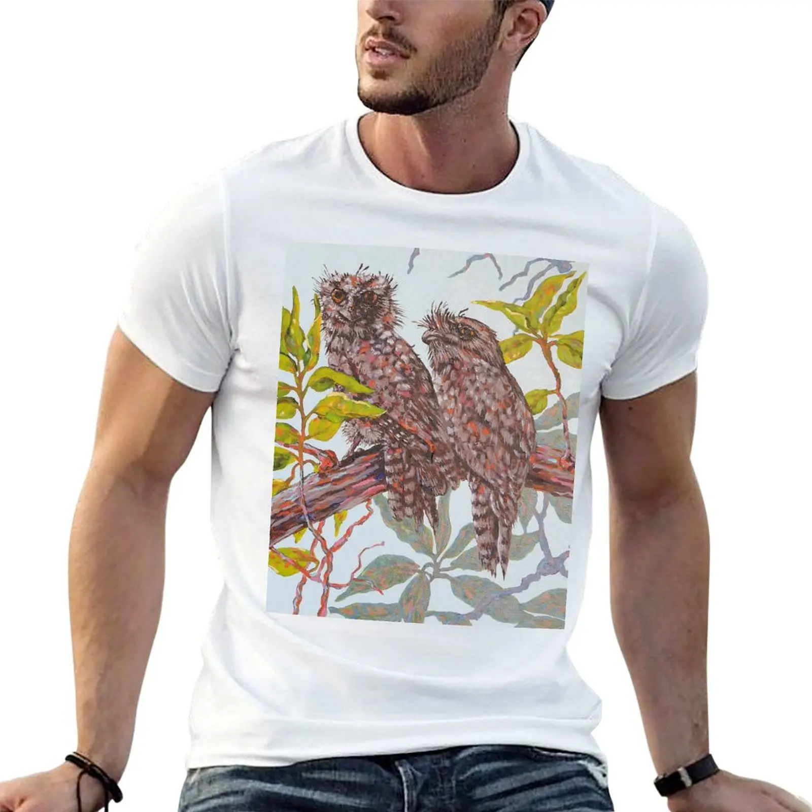 Two Tawny Frogmouth Birds Perched on Branch T-Shirt Christmas Casual Short Sleeve Top
