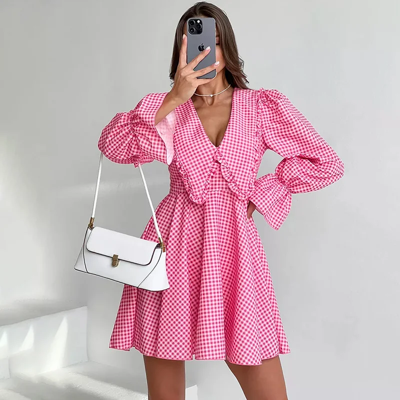 

Ticketsx V-Neck Plaid Dress Fashion Spring Contrast High Waisted Long Sleeve Women's Dress Elegant High Street Vacation Dresses
