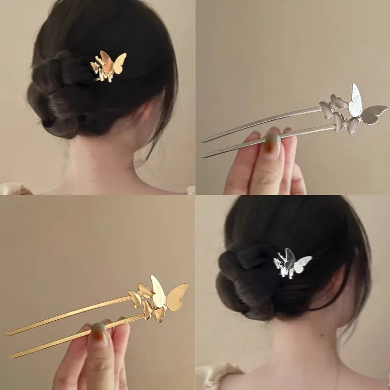 AISHG Fashion Metal U-shaped Butterfly Hairpin Women New Chinese Style Elegant Temperament Pan Hair Clip Hanfu Accessories