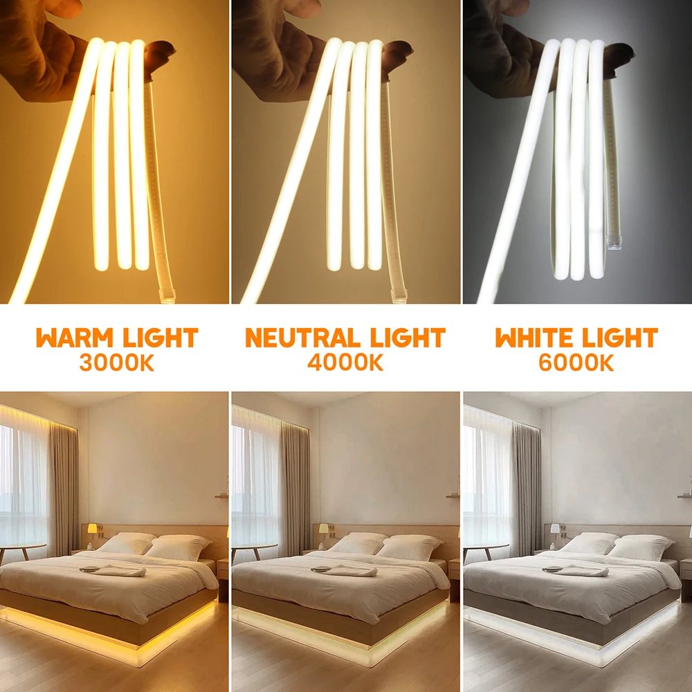 220V Dimmable COB LED Strip Dimmer/Switch Power Kit Waterproof 3000K 4000K 6000K 288LEDs Kitchen Room Decor Flexible Neon Light