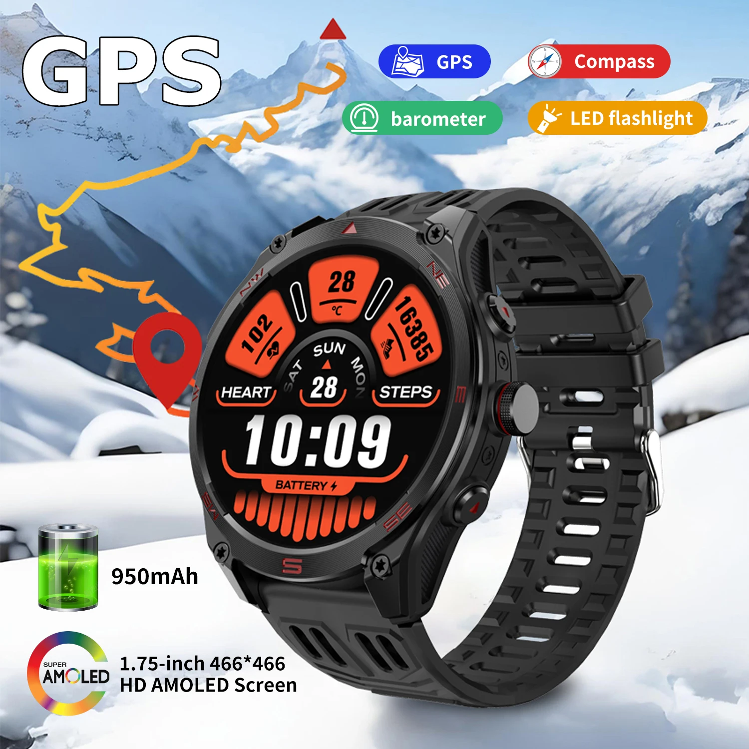 

MISIRUN M70 GPS Смарт-часы Мужские 1,75 "HD AMOLED Часы Компас Светодиодный фонарик IP68 Водонепроницаемый 950 мАч Спортивный браслет на открытом воздухе