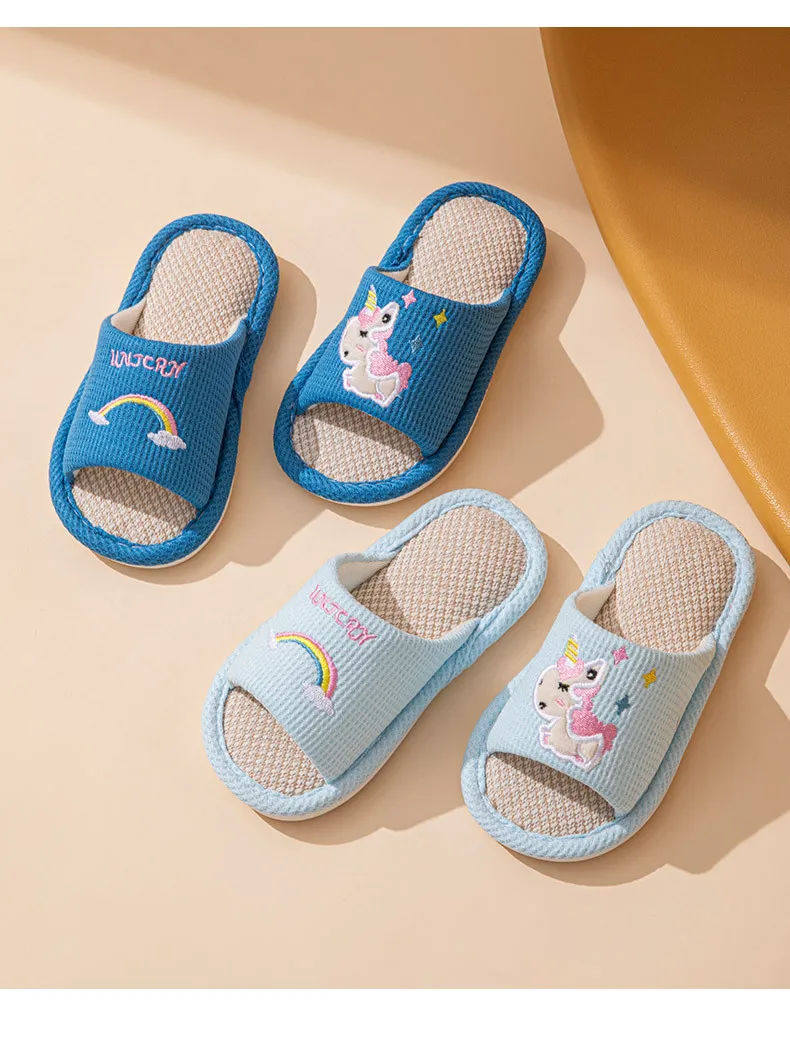 Kinder Indoor Home Schuhe Einhorn Frühling 2026 Anti-rutschig Cartoon Hausschuhe Leinen Boden Atmungsaktive Mädchen Jungen Hausschuhe – Detail 4