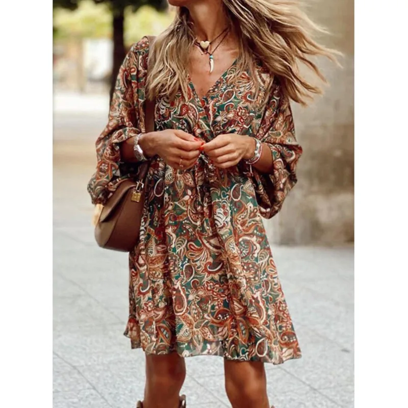 2024 Zomer Mode Bloemenprint Damesjurk Vintage Commuter V-hals Elegant Geplooid Paisley Bladerdeeg Mouw Ruches Casual Jurk