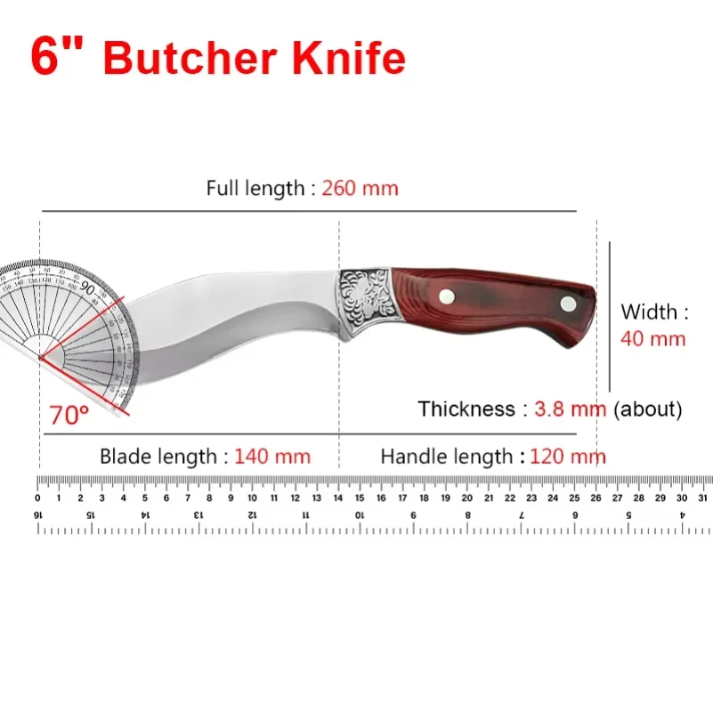 Kitchen Knife Ultra Sharp Chef Knife BBQ Meat Cleaver Utility Boning Stainless Steel Fruit Fish Butcher Knife Wooden Handl