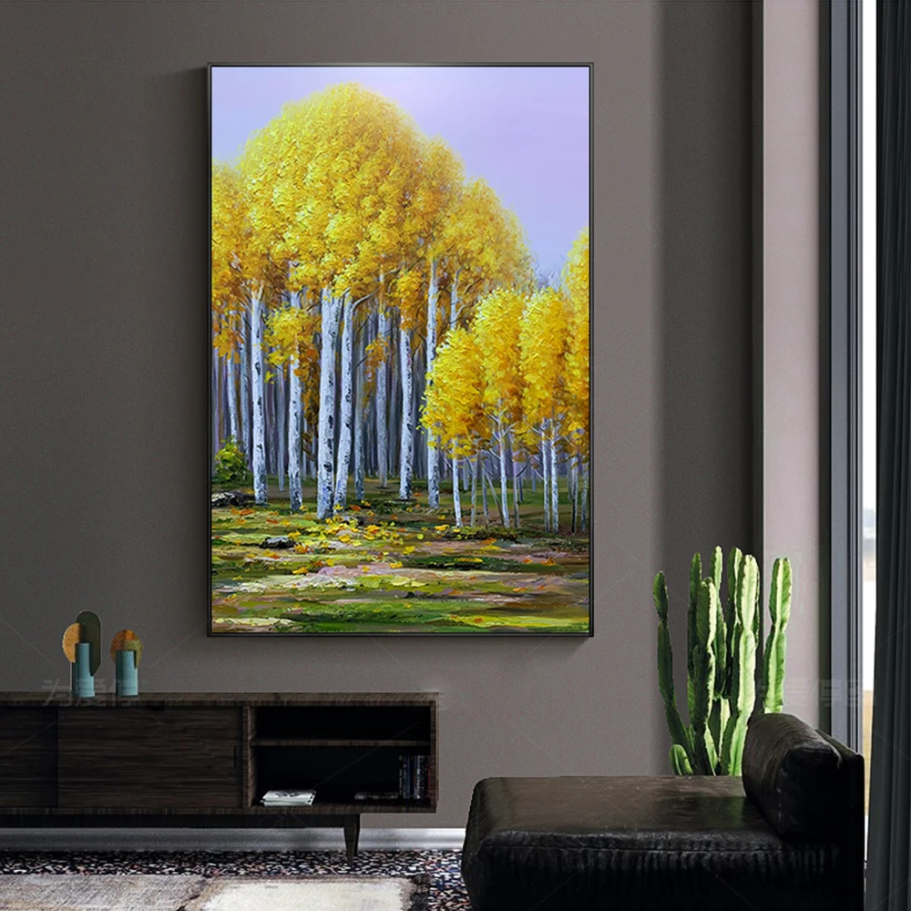 

Hand Painted Knife Oil Painting On Canvas Birch Forest In Autumn Wall Art Picture For Living Room Bedroom Wall Decor No Framed