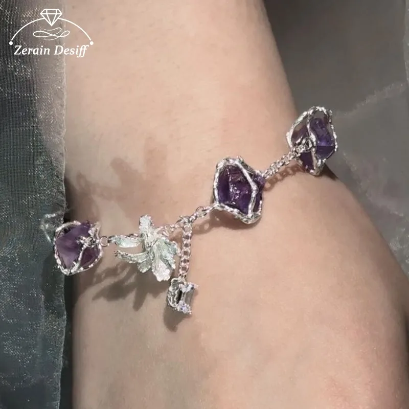 

Natural Crystal Gemstone Bracelet Irregular Flower Energy Beads Silver Romantic Charm Jewelry for Women