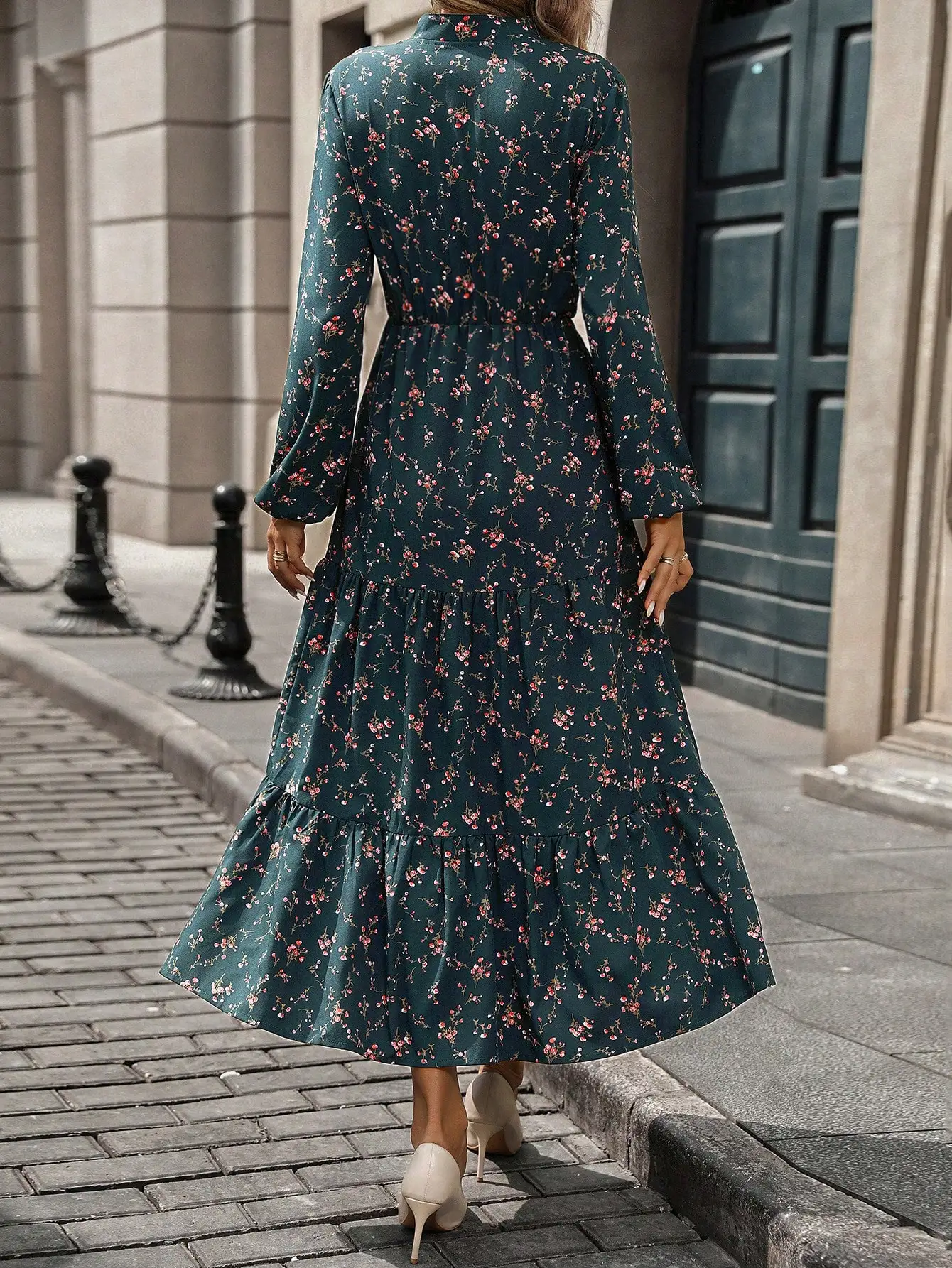 Vestido Maxi Floral de Manga Longa com Decote em V para Mulheres, Look Casual de Outono com Saia em Camadas