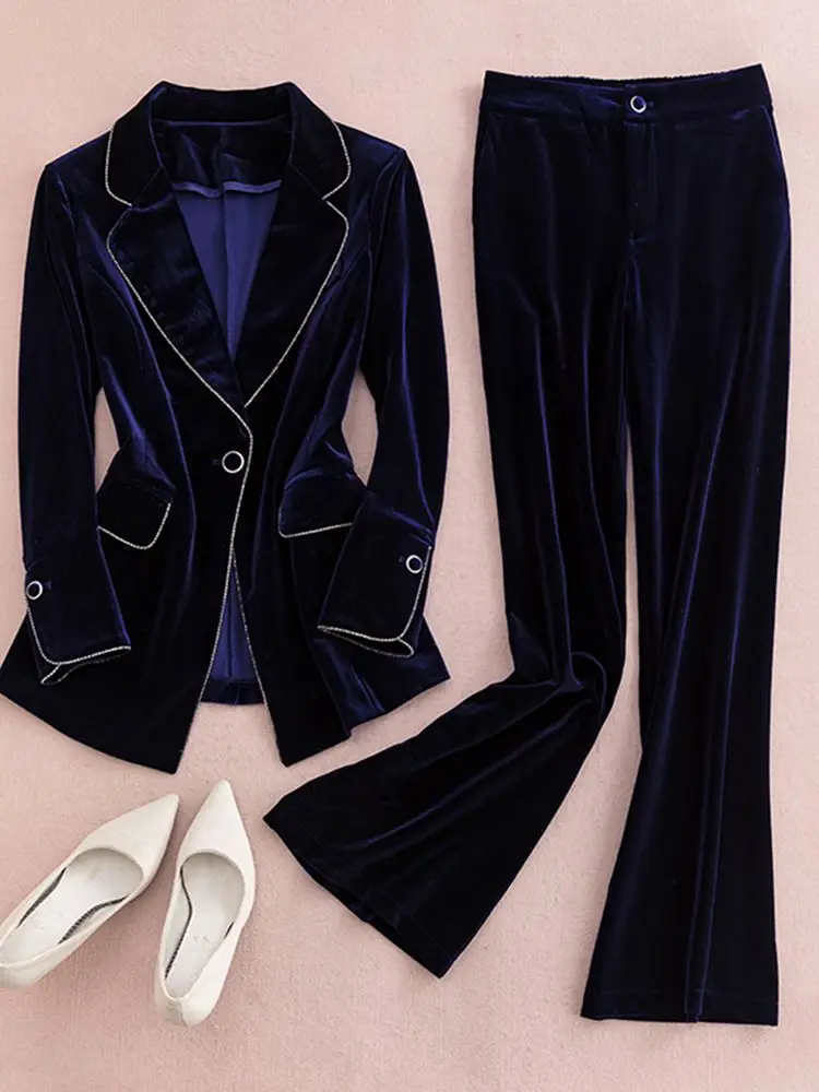 

Высококачественный бархатный пиджак и брючный костюм, женский осенний костюм 2024 года в китайском стиле, ретро, пальто большого размера, элегантный комплект брюк приталенного кроя