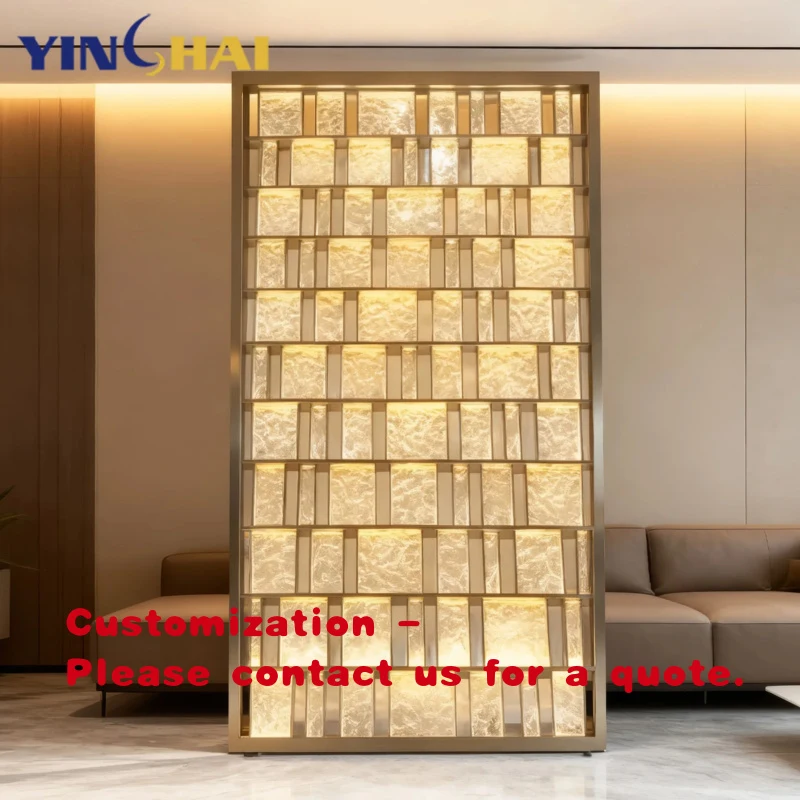 custom.Luxury Metal Room Divider Stainless Steel Frame Glass Partitions With Light Home Living Room Hotel Lobby Partition De
