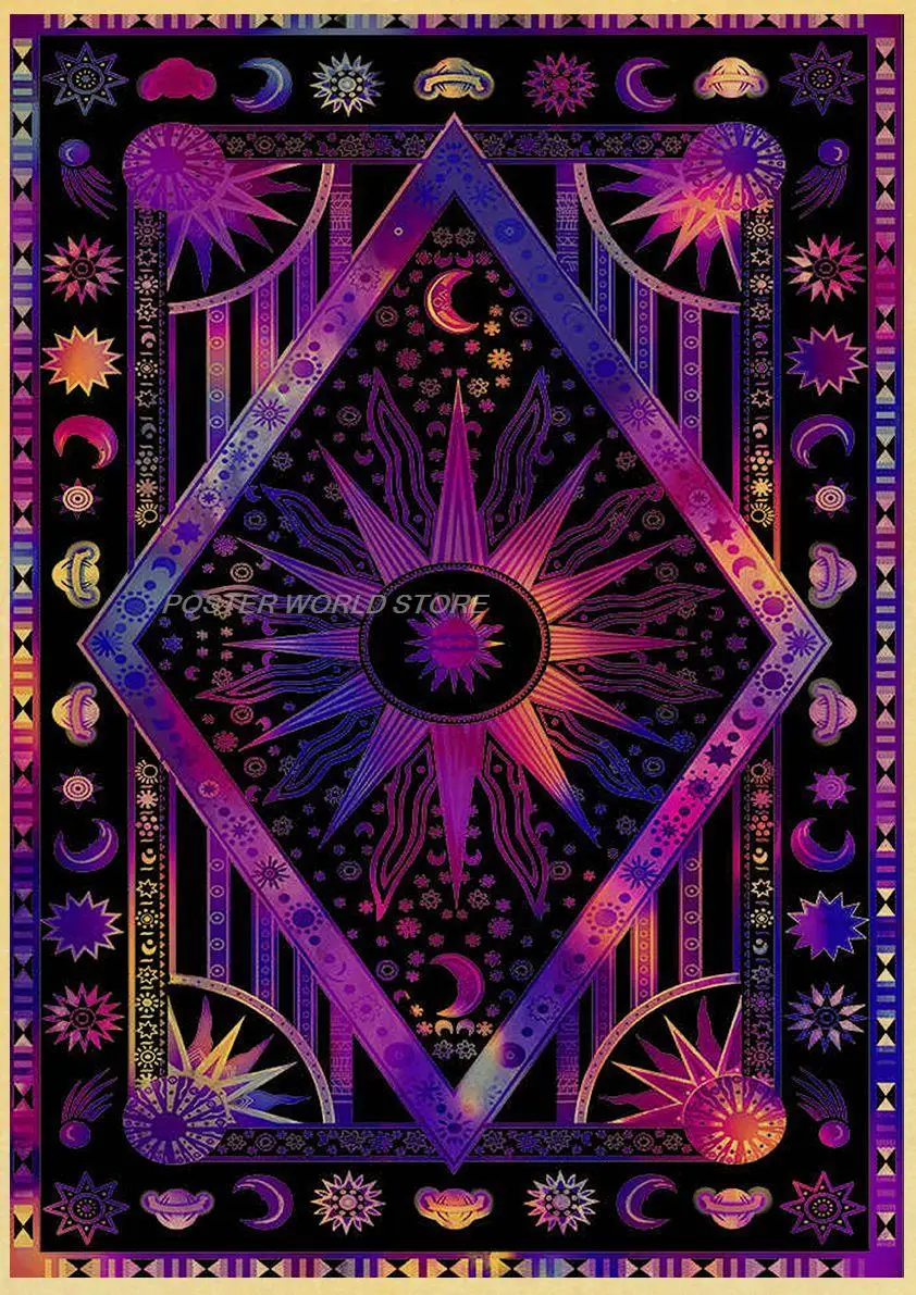 Burning Sun Celestial Sun Moon Star Planet Bohemian Tapestry Tarot Wall Hanging Boho Hippie Hippy Kraft Paper Retro Poster