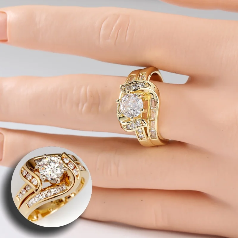 Anel Clássico de Moda com Zircônia Sintética Incrustada e Banho de Ouro para Mulheres, Joias Elegantes Vintage para Casamentos e Noivados