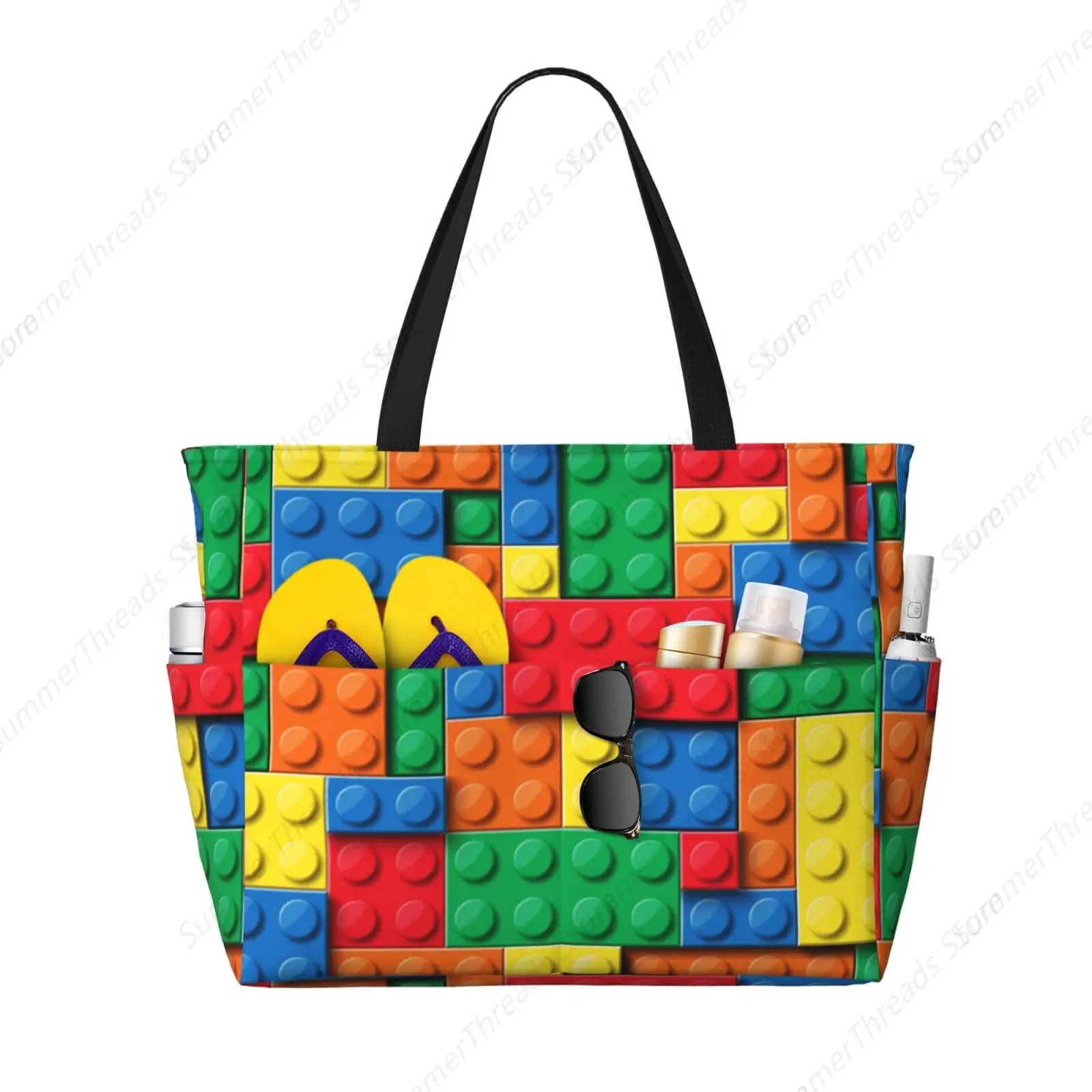 

Large Beach Tote Bag Women Colorful building blocks bricks Waterproof Zipper Beach Tote Bag for Pool Gym Grocery Travel