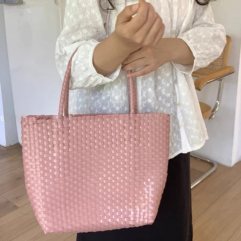 Ins Solid Woven Beach Bag Large Capacity Vacation Travel Picnic Outdoor Women Shoulder Bag Woven Storage Vegetable Basket