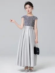 Girl's Piano Dress Grey Sequin Long Performance Dress Princess Dress Children's Host Runway Performance Dress Autumn