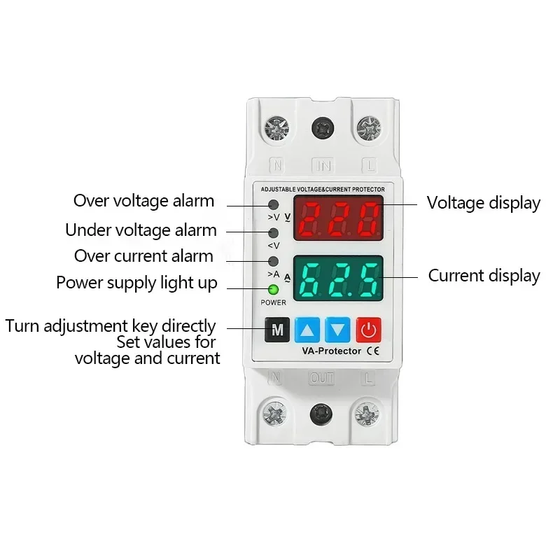 Dual Power Circuit Breaker Din Rail 63A Adjustable Over and Under Voltage Protection Smart Current Limit Surge Protector Relay