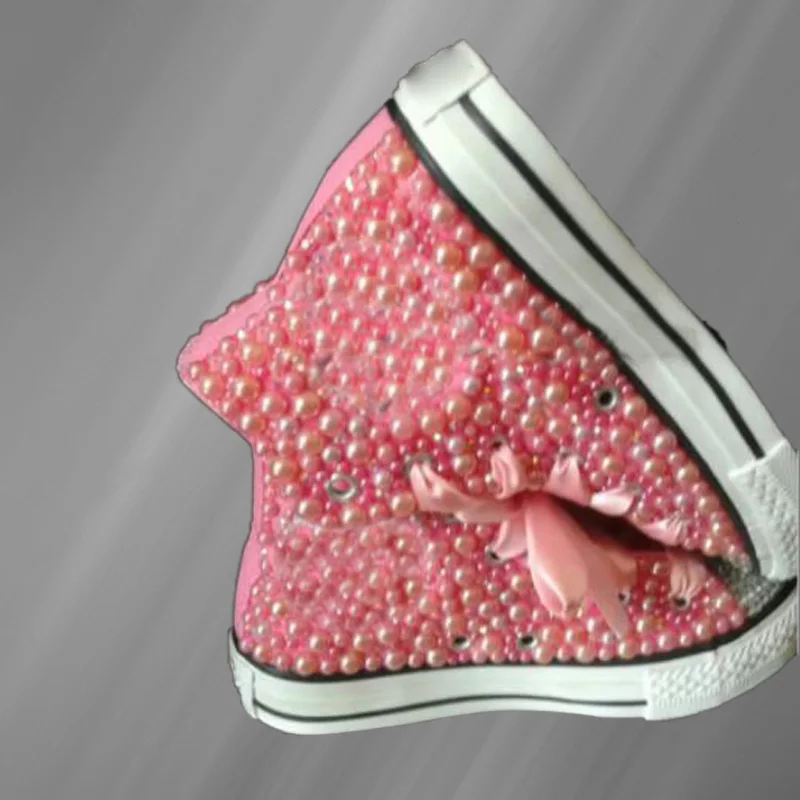 Hand-made pink high-top pearl rhinestones party plimsolls Heavy industry large size lace-up casual sports women\'s shoes 35-44