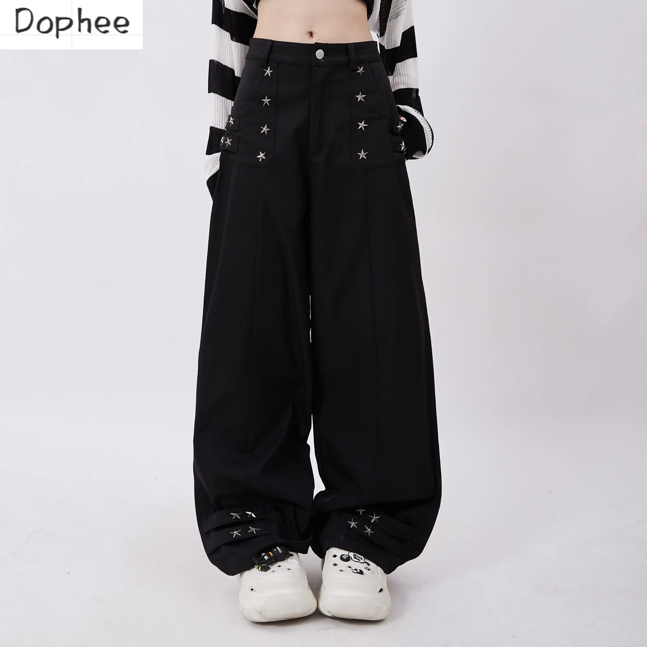 Dophee Autumn Women Cargo Pants American Style Dopamine Wide Leg Dance Pants Personality Star Rivet Black Straight Trousers