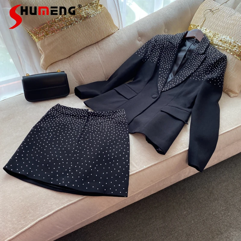 

High-End Diamond Drills Beaded Long Sleeve Fashion Magnificent Coat Hip Skirt Women's Elegant Commute Style Outfits Autumn 2023