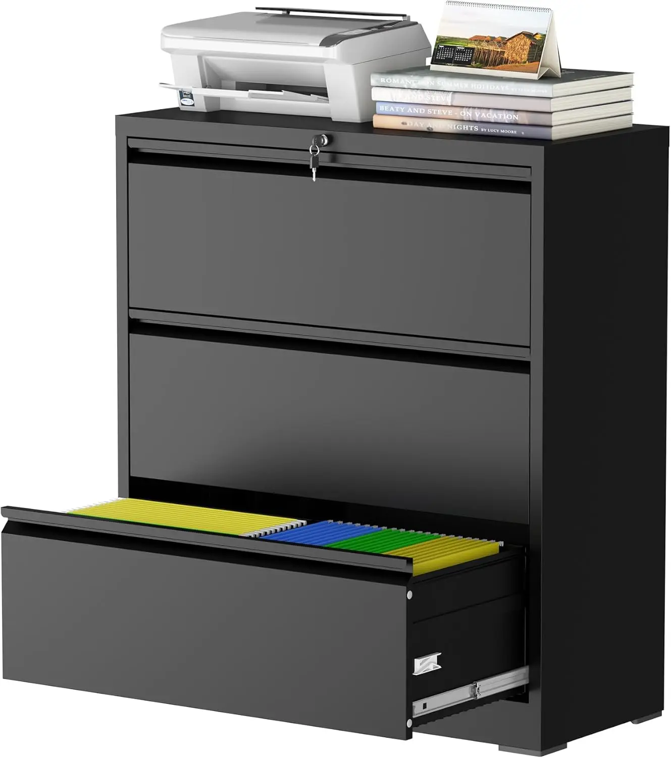 3-Drawer Lateral File Cabinet with Lock, Black Steel Filing Cabinet for Home Office