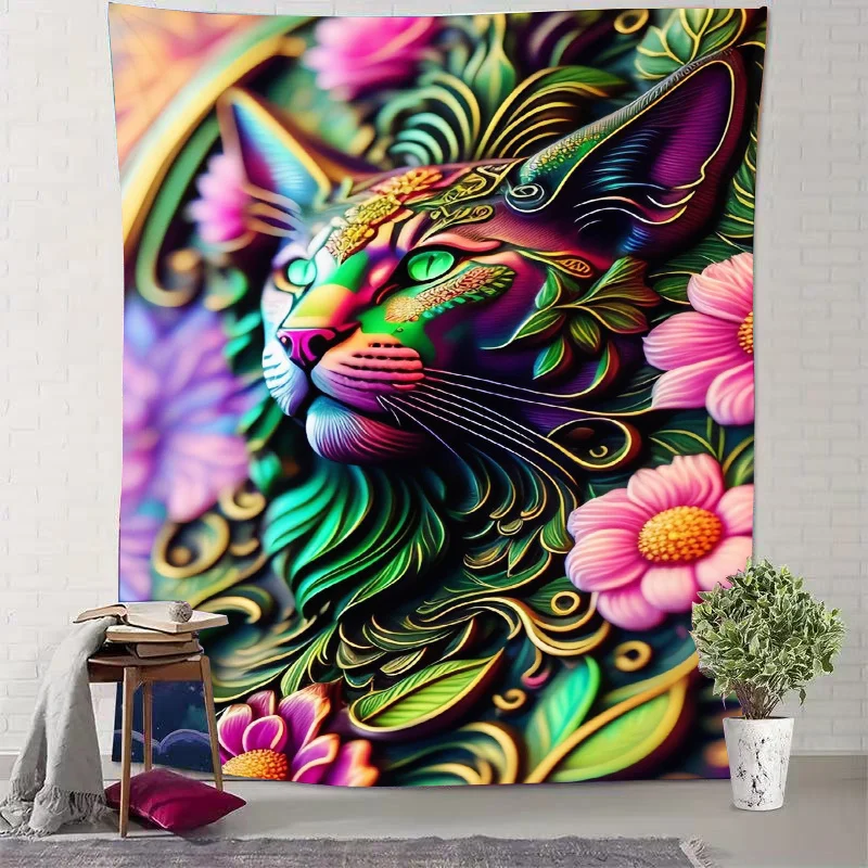 Beautiful Cat and the Blooming Flowers Digital printing polyester wall tapestry suitable for use living rooms offices bars party