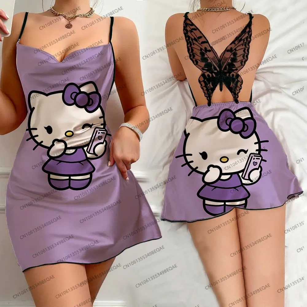 

Модная летняя удобная ночная рубашка с принтом «Hello Kitty», кружевное короткое платье на подтяжках, сексуальная пижама с открытой спиной и рюшами по краям