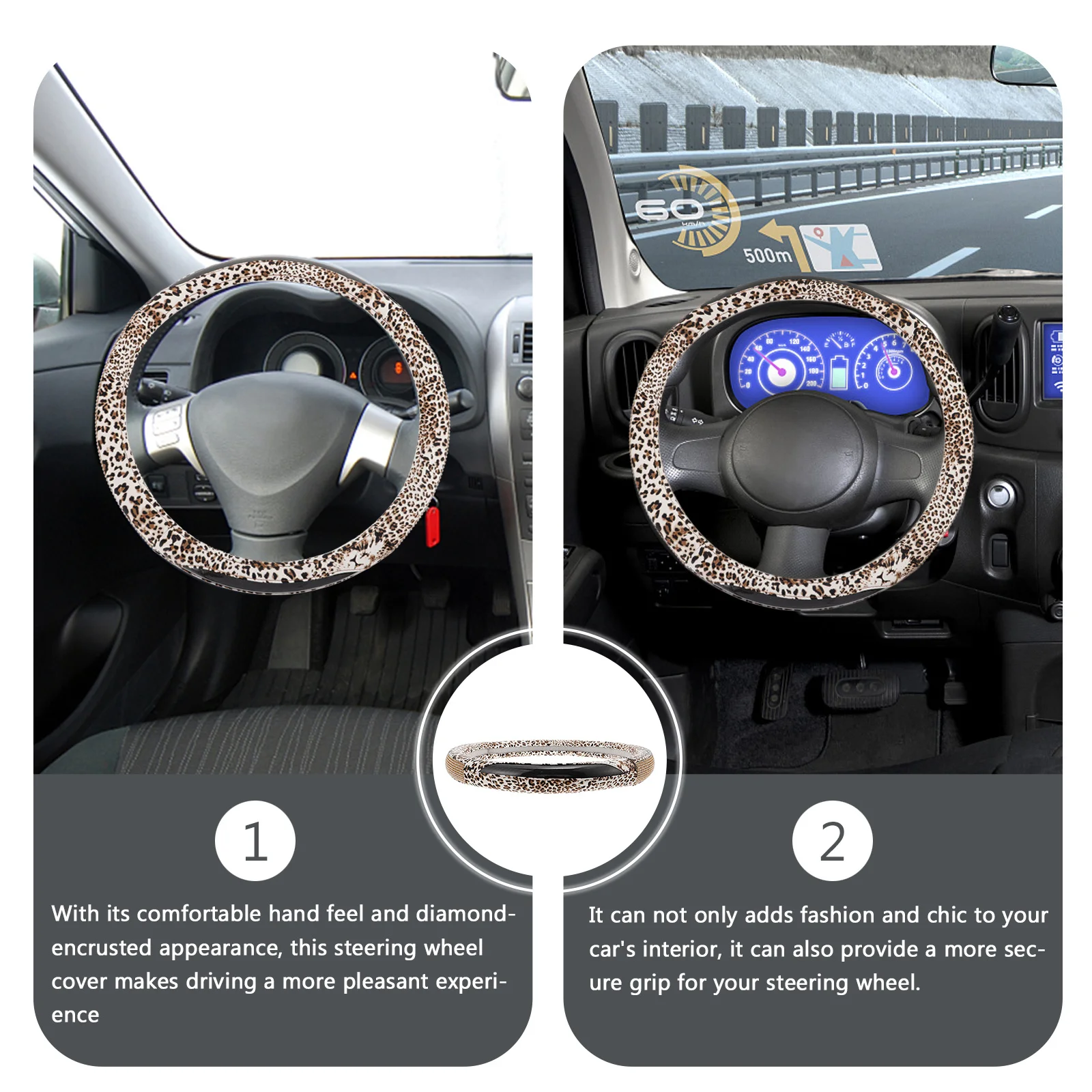 

1Pcs Steering Wheel Cover Rhinestone Leopard Pattern Shiny Anti-Slip Protector Interior Accessory Driving Safety