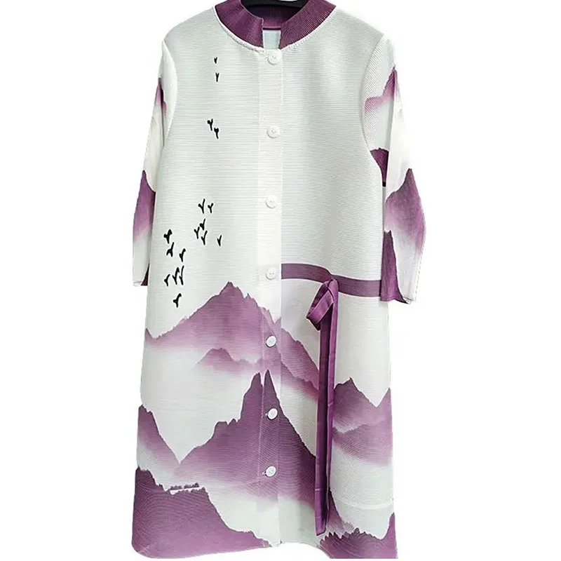 เสื้อโค้ททรงหลวมพิมพ์ลายสไตล์ลำลอง แบรนด์มิยาเกะ แบบมีปกตั้ง ติดกระดุมแถวเดียว รุ่นใหม่ประจำฤดูใบไม้ผลิและฤดูใบไม้ร่วงปี 2026