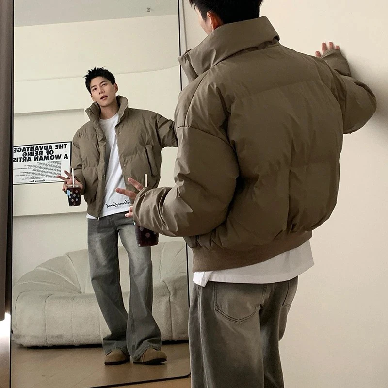 

Thiened ort Puffer Jaet Men's Winter Cotton down Coat PU Leather Bread Sle Coat Youth Casual Cleanfit Zipper Closure