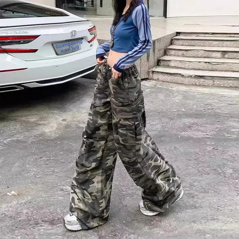 سراويل العمل المموهة الأمريكية الرجعية فضفاضة مستقيمة الساق عادية رقيقة طويلة بنطلون للنساء الصيف نمط شارع العليا #2