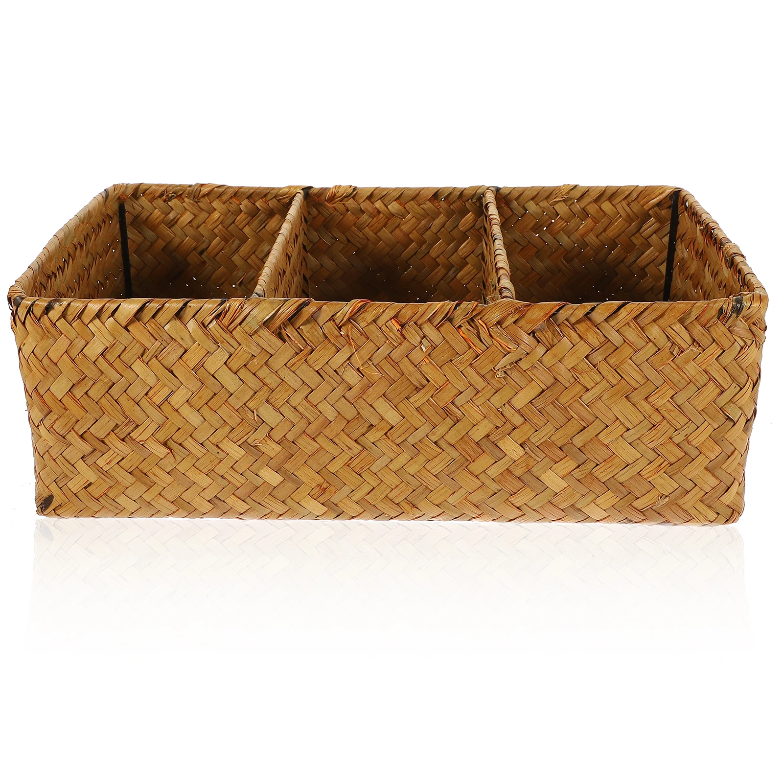 

Woven Storage Box 3-Grid Desktop Organizer Yellow Remote Holder Material Home Decor Basket Storage Solution Tabletop