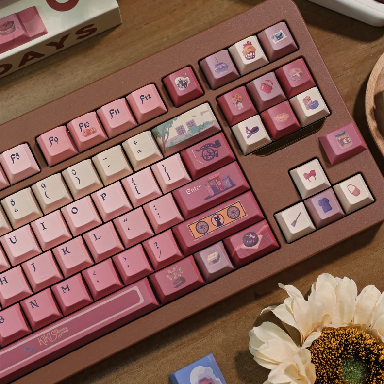 Kiki Little Witch Keycaps Gradient Cherry Pbt Fantasy Magical Style Keycap Shrimp Pink Red Retro Texture Gradient Pink Keycaps