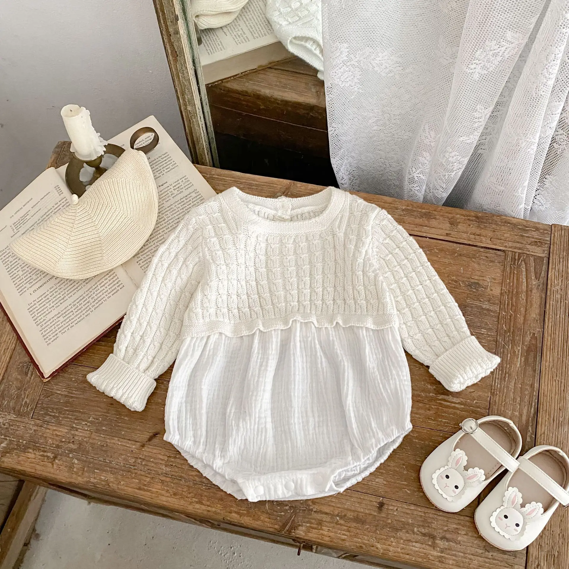 

2025 Spring Fall Baby Girl Bodysuit Long Sleeve Rompers Knit Cotton Blend Soft Comfortable Outfit for Newborn 0-24 Months