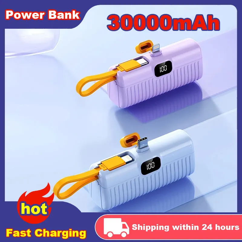 

30000mAh Mini Power Bank Built in Cable PowerBank Portable Capsule Pocket Fast Charging Bank For iphone Android External Battery