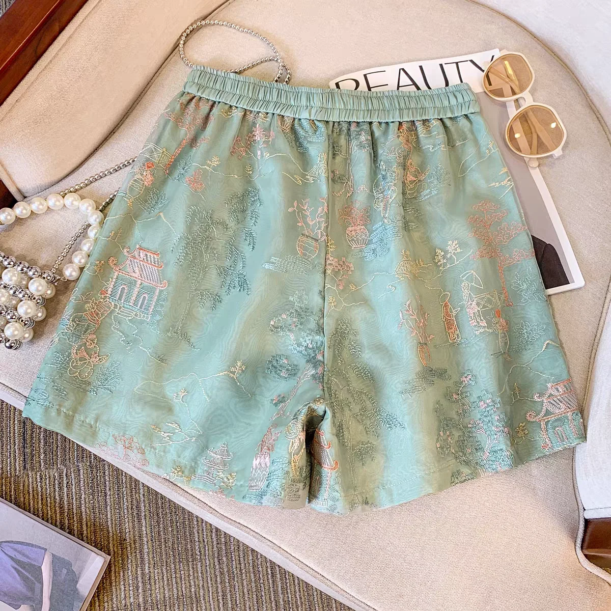 woman shorts New Chinese Style Embroidered Green Loose trousers Summer Plus Size Fashion Organza Double-Layer Wide-Leg Pants