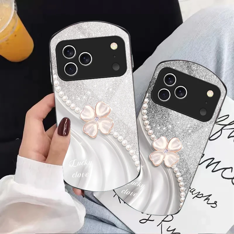 

Pink four-leaf clovers For iPhone 17 16 15 14 Pro 13 Plus 12 mini 11 Pro Max XR X S 7 8 6 Elliptical Tempered Glass Phone Case