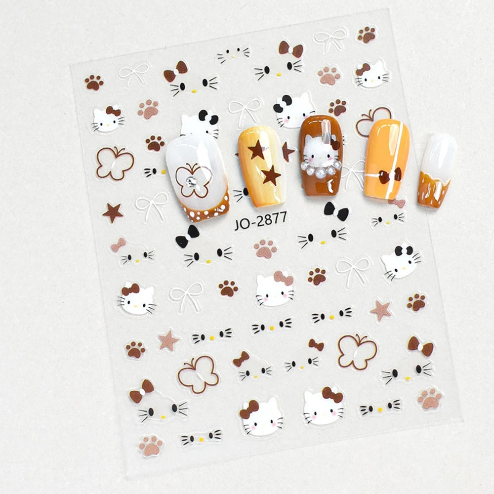 3D Cute Hello Kitty Art Nail Decals Y2K Autumn/Winter Brown KT Cat/pentagram Heart/Daisy Design Nails Stickers DIY Manicure Deco