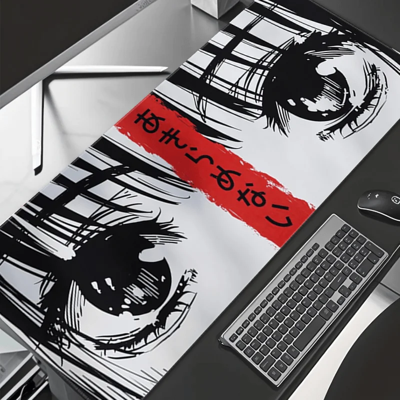 Anime-Inspired Gaming Mouse Pad, Black & Red Manga Eyes with Inspirational Quotes, Non-Slip Rubber Base, Stitched Edges Desk Mat
